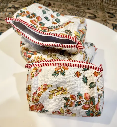 Jaipur White Floral Block Printed Pouches – Set of 3